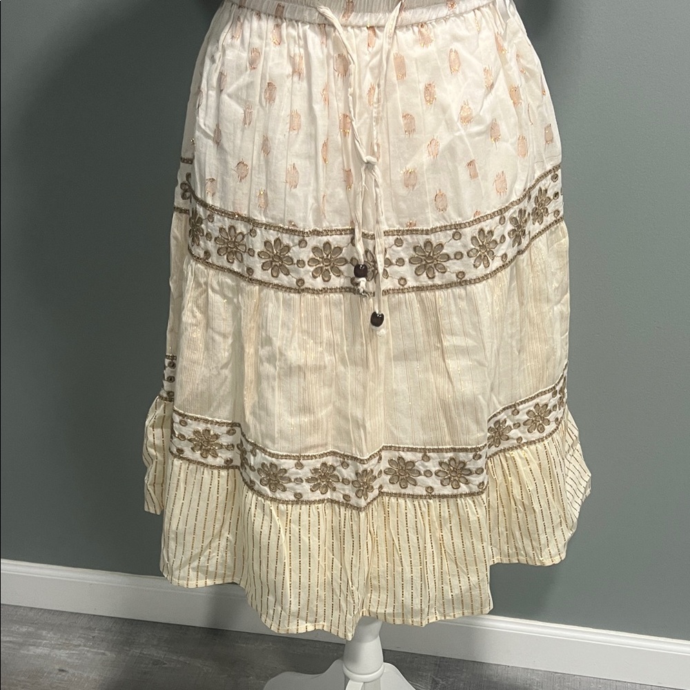 Embroidered Tiered Cream Midi Skirt with Metallic Accents Fits S/M